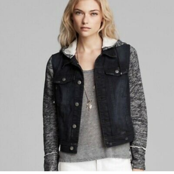 Free People Jackets & Blazers - Free People Knit Hooded Denim Jacket Detachable Hood Slightly Cropped Large